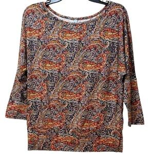 Awuliffan Women’s Top Orange/Navy/Gold Paisley Band Waist 3/4 Sleeve Size-S NWT